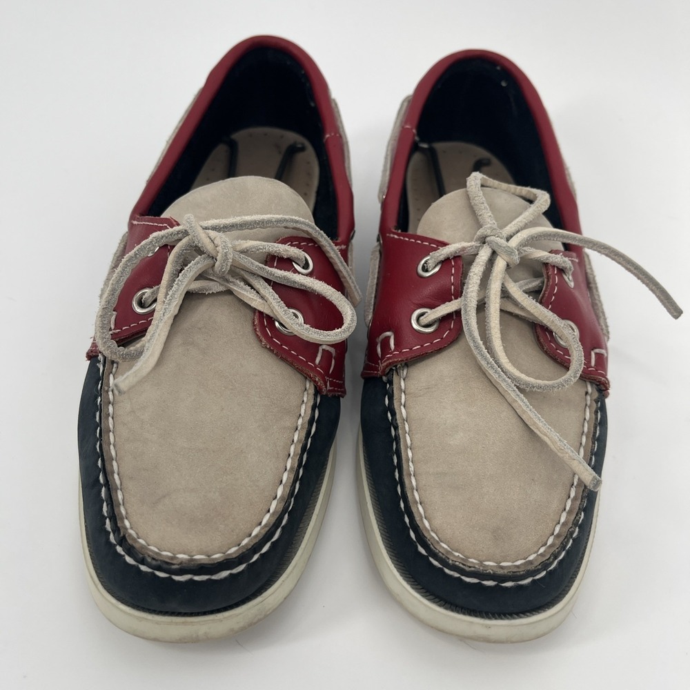 Vintage Sebago Womens Boat Shoes Size 7M Docksides Navy Red Ivory Leather USA